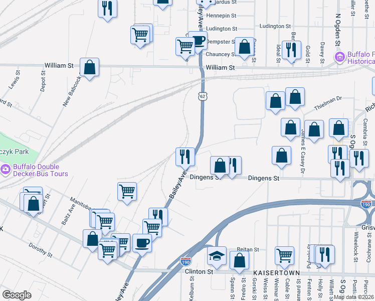 map of restaurants, bars, coffee shops, grocery stores, and more near 932 Bailey Avenue in Buffalo