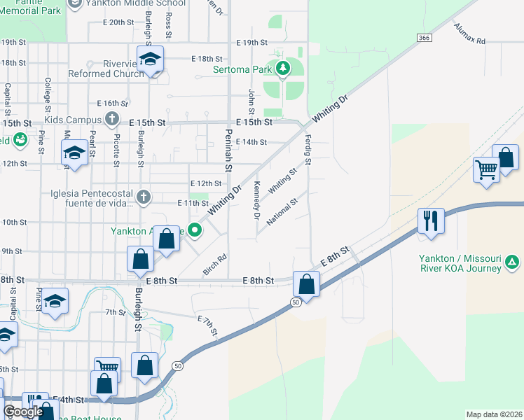 map of restaurants, bars, coffee shops, grocery stores, and more near 1000-1098 Kennedy Drive in Yankton