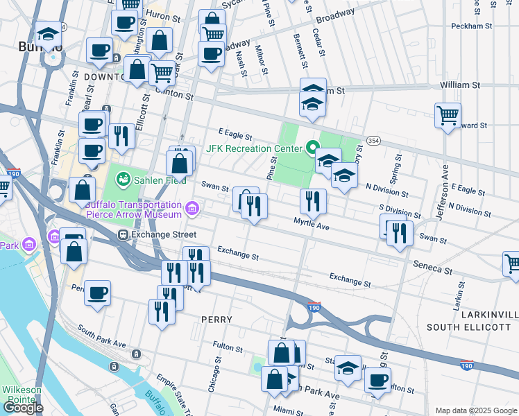 map of restaurants, bars, coffee shops, grocery stores, and more near 290 Seneca Street in Buffalo