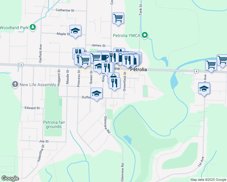 map of restaurants, bars, coffee shops, grocery stores, and more near 434 Albany Street in Petrolia