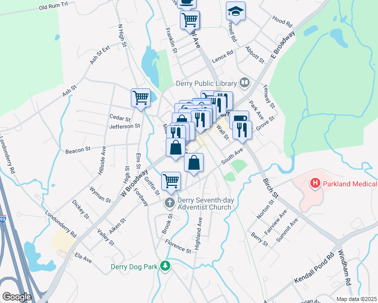 map of restaurants, bars, coffee shops, grocery stores, and more near 1 Sawyer Court in Derry