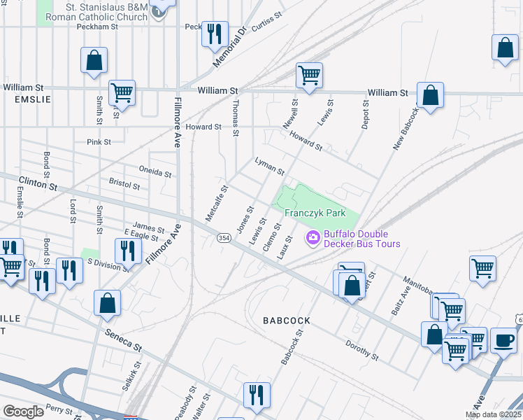 map of restaurants, bars, coffee shops, grocery stores, and more near 47 Lewis Street in Buffalo