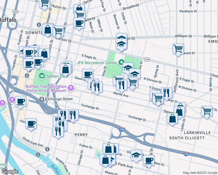 map of restaurants, bars, coffee shops, grocery stores, and more near 151 Myrtle Avenue in Buffalo