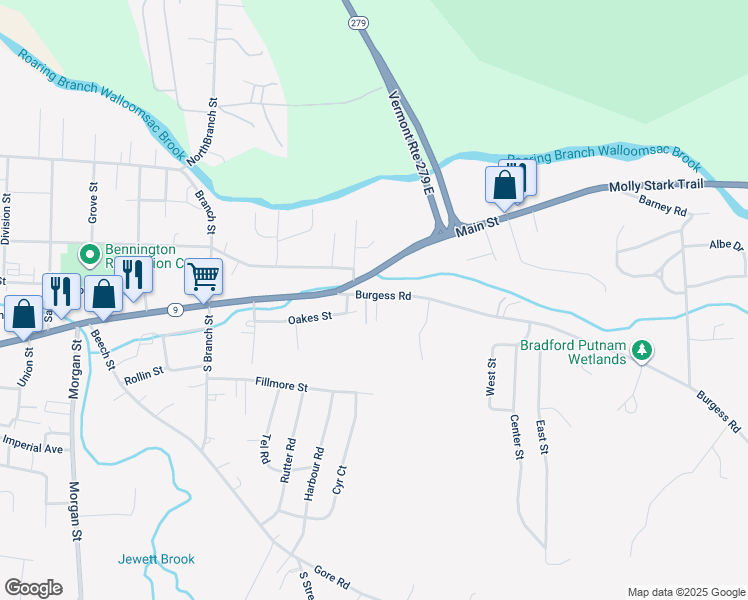 map of restaurants, bars, coffee shops, grocery stores, and more near 49 Saunders Drive in Bennington