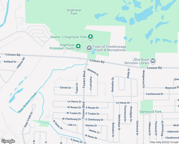 map of restaurants, bars, coffee shops, grocery stores, and more near 66 Parktrail Lane in Buffalo