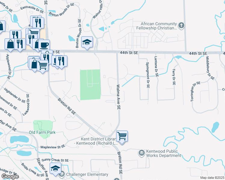 map of restaurants, bars, coffee shops, grocery stores, and more near 4616 Hunters Ridge Drive Southeast in Kentwood