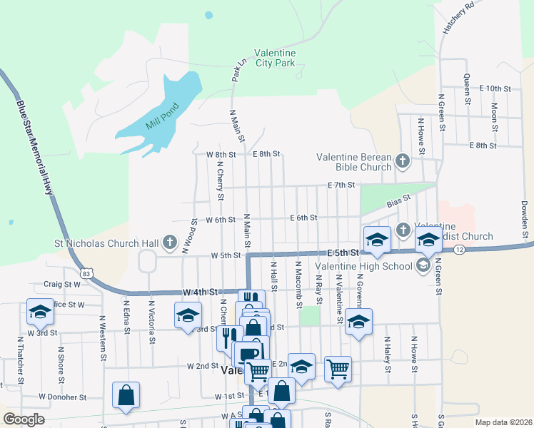 map of restaurants, bars, coffee shops, grocery stores, and more near 601 North Hall Street in Valentine