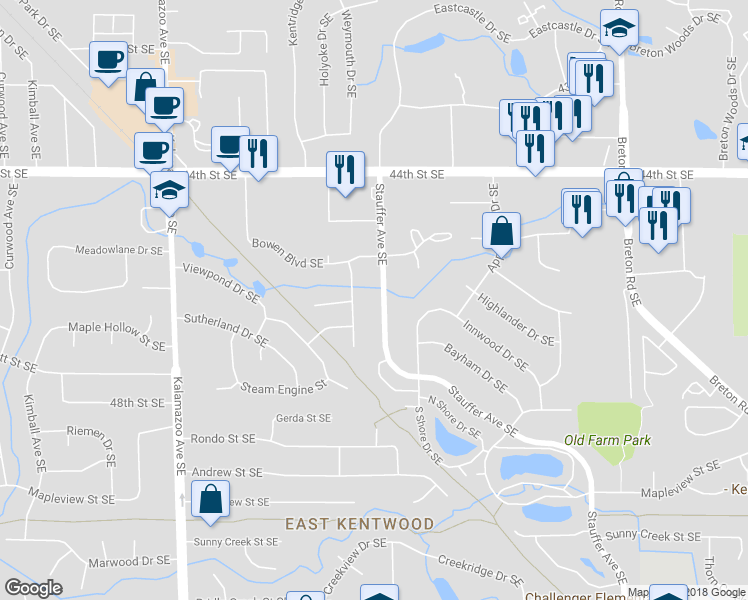 map of restaurants, bars, coffee shops, grocery stores, and more near 4609 Stauffer Avenue Southeast in Kentwood
