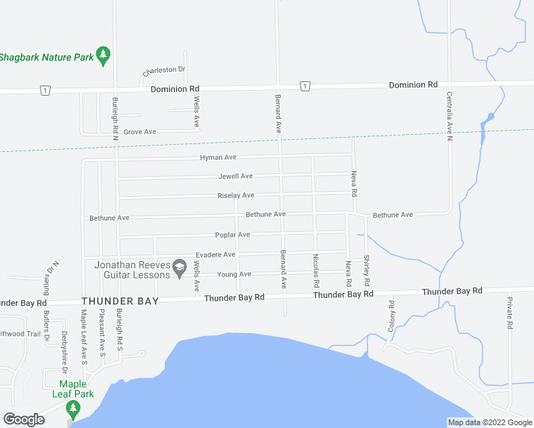 map of restaurants, bars, coffee shops, grocery stores, and more near Bethune Avenue in Fort Erie