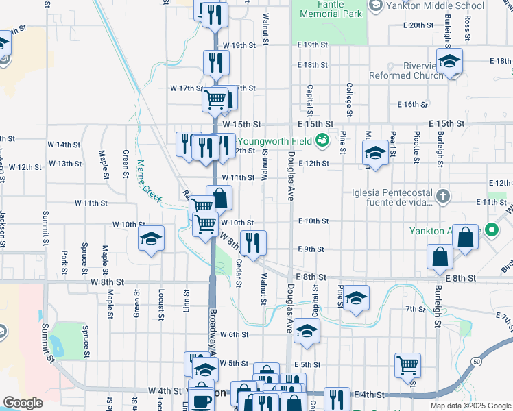 map of restaurants, bars, coffee shops, grocery stores, and more near 1000 Walnut Street in Yankton
