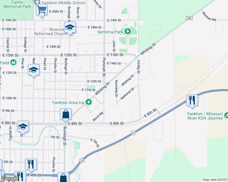 map of restaurants, bars, coffee shops, grocery stores, and more near 1000-1098 Kennedy Drive in Yankton