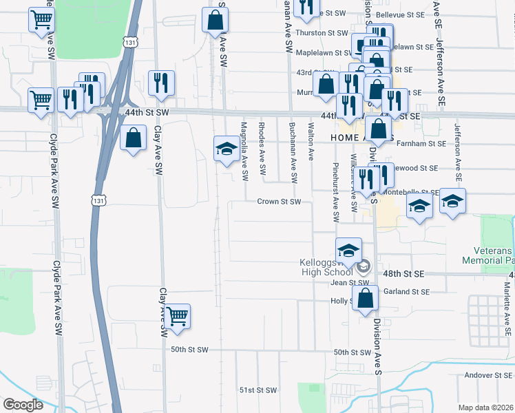 map of restaurants, bars, coffee shops, grocery stores, and more near 260 Crown Street Southwest in Grand Rapids