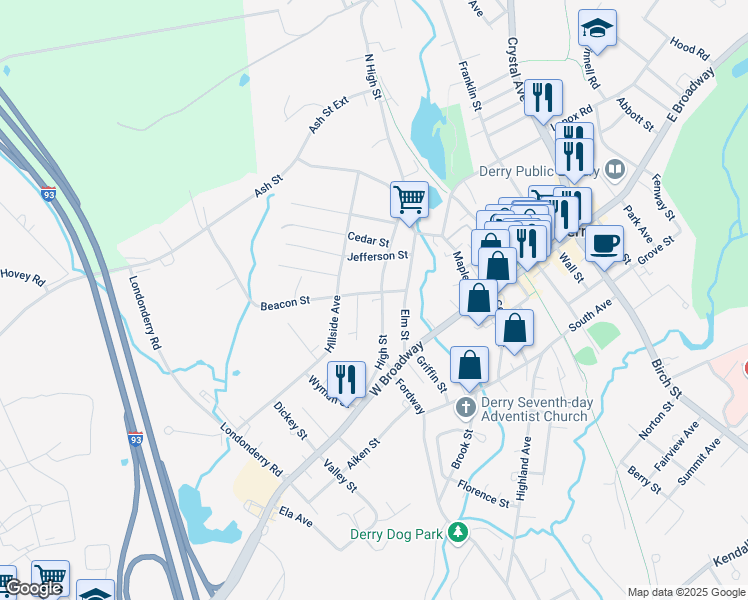 map of restaurants, bars, coffee shops, grocery stores, and more near 30 High Street in Derry