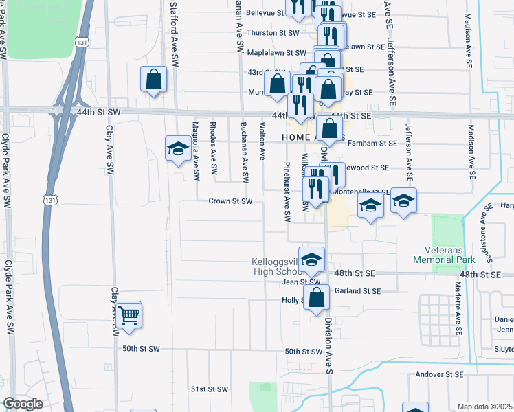 map of restaurants, bars, coffee shops, grocery stores, and more near 138 Crown Street Southwest in Grand Rapids