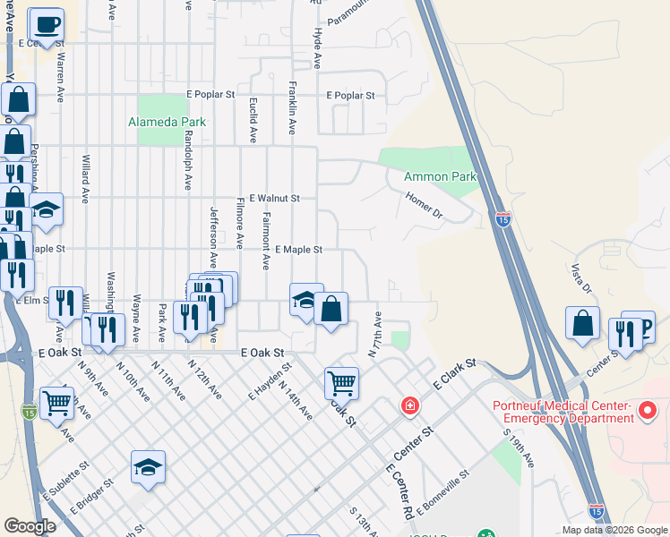map of restaurants, bars, coffee shops, grocery stores, and more near 1418 East Maple Street in Pocatello