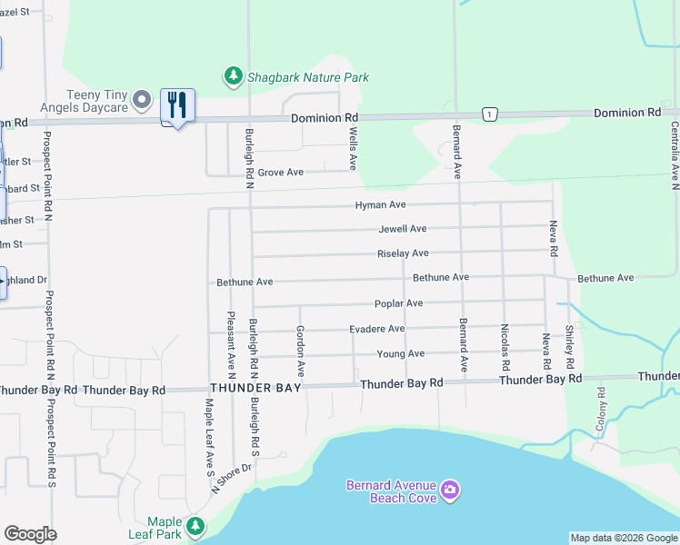 map of restaurants, bars, coffee shops, grocery stores, and more near 3223 Riselay Avenue in Fort Erie