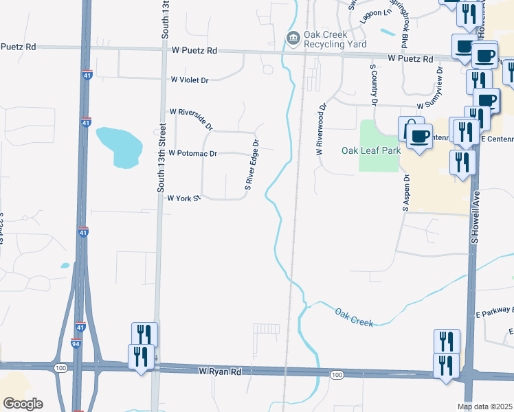 map of restaurants, bars, coffee shops, grocery stores, and more near 9036 South River Edge Drive in Oak Creek