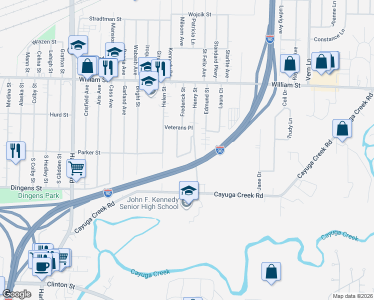 map of restaurants, bars, coffee shops, grocery stores, and more near 75 Nandale Drive in Cheektowaga
