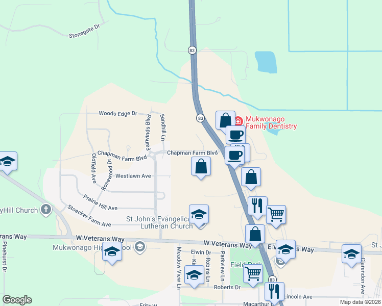 map of restaurants, bars, coffee shops, grocery stores, and more near 217 Chapman Farm Boulevard in Mukwonago