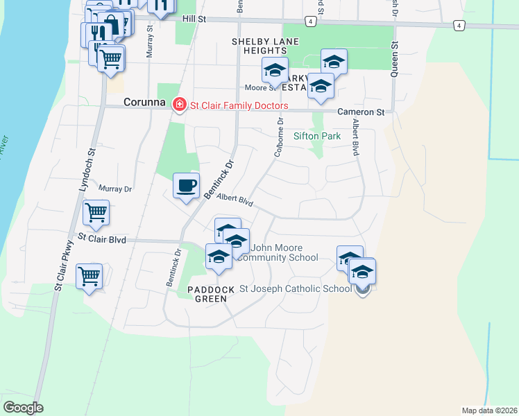 map of restaurants, bars, coffee shops, grocery stores, and more near Albert Boulevard in Corunna