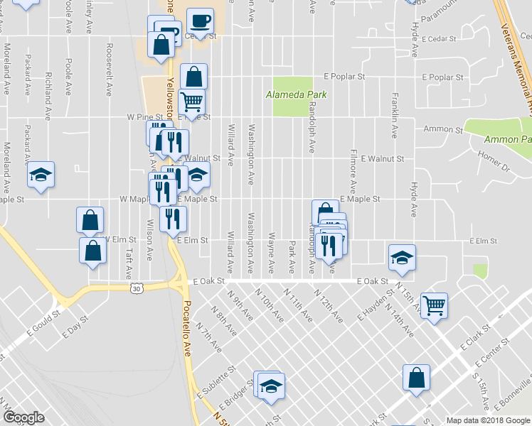 map of restaurants, bars, coffee shops, grocery stores, and more near 263 Wayne Avenue in Pocatello