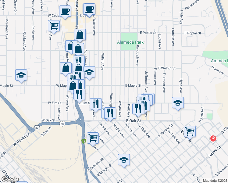map of restaurants, bars, coffee shops, grocery stores, and more near 264 Washington Avenue in Pocatello
