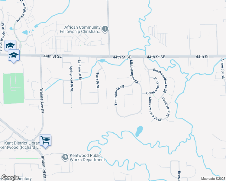 map of restaurants, bars, coffee shops, grocery stores, and more near 4571 Torrington Drive Southeast in Kentwood