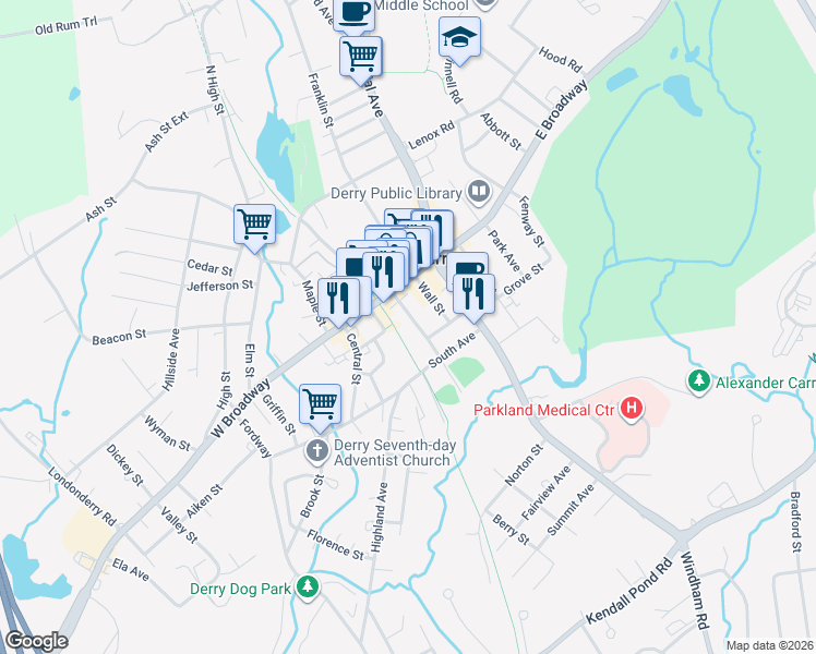 map of restaurants, bars, coffee shops, grocery stores, and more near 12 Railroad Avenue in Derry