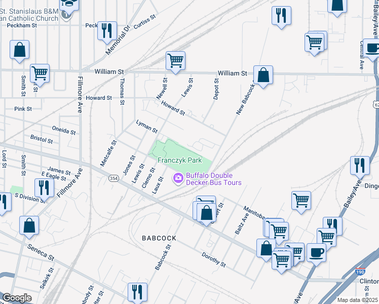 map of restaurants, bars, coffee shops, grocery stores, and more near in Buffalo