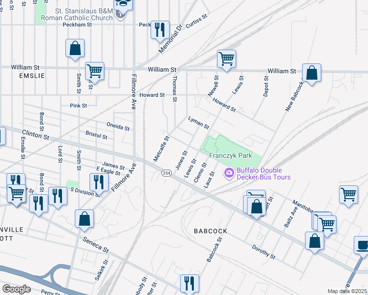 map of restaurants, bars, coffee shops, grocery stores, and more near 22 Fleming Street in Buffalo