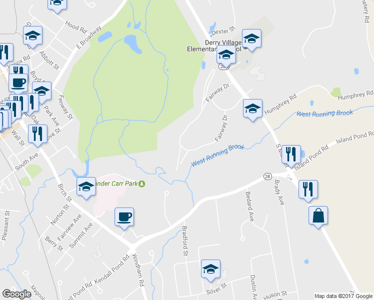 map of restaurants, bars, coffee shops, grocery stores, and more near 18 Fairway Drive in Derry