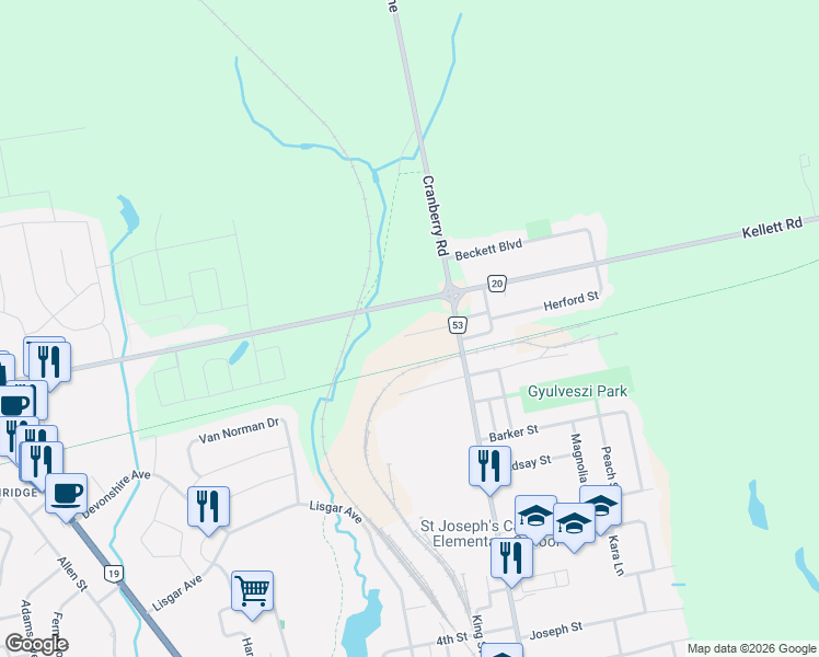 map of restaurants, bars, coffee shops, grocery stores, and more near 143 North Street East in Tillsonburg