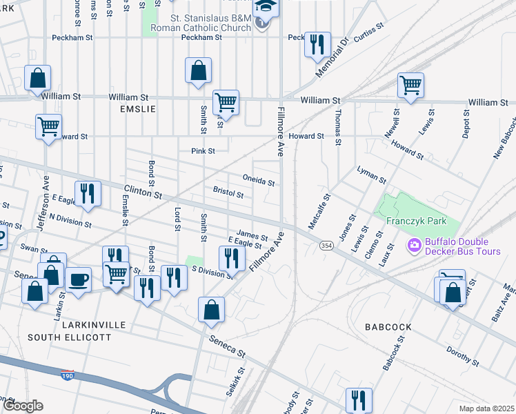 map of restaurants, bars, coffee shops, grocery stores, and more near 272 Fillmore Avenue in Buffalo
