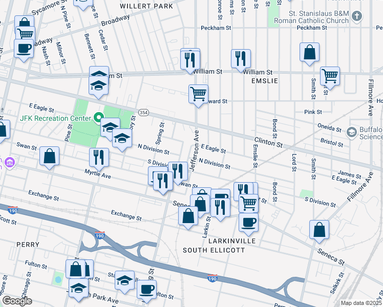 map of restaurants, bars, coffee shops, grocery stores, and more near 42 Mary Johnson Boulevard in Buffalo
