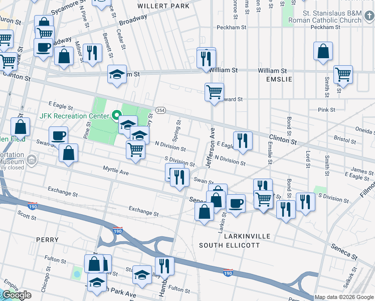 map of restaurants, bars, coffee shops, grocery stores, and more near 502 North Division Street in Buffalo