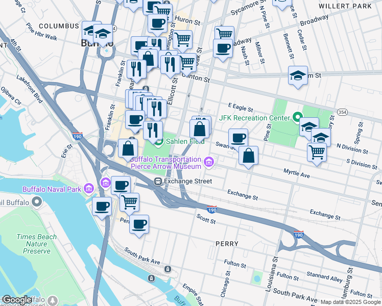 map of restaurants, bars, coffee shops, grocery stores, and more near 111 Swan Street in Lackawanna
