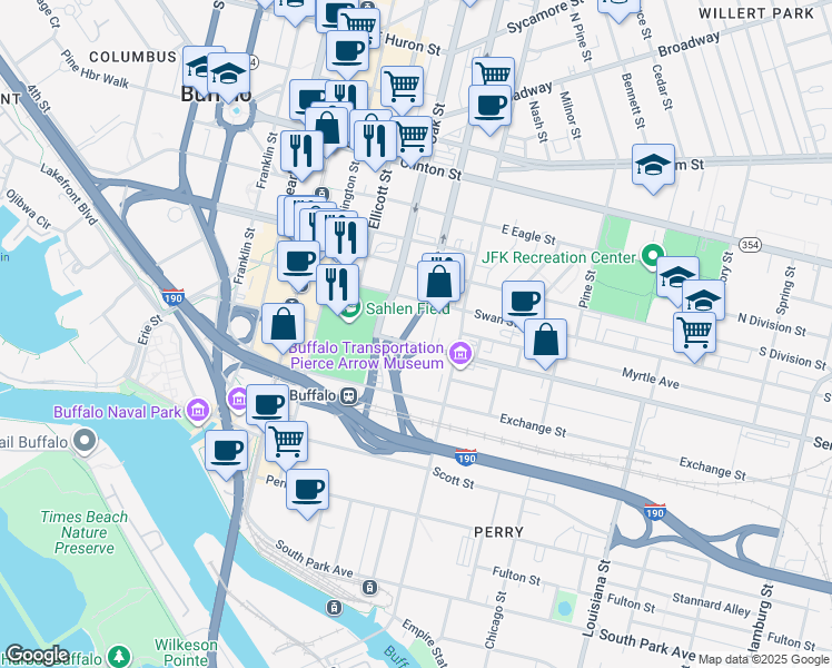 map of restaurants, bars, coffee shops, grocery stores, and more near 111 Swan Street in Lackawanna