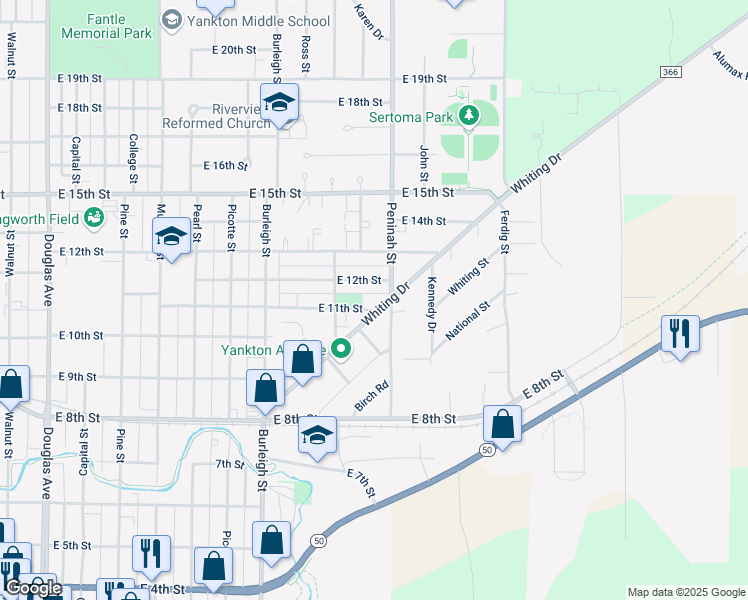 map of restaurants, bars, coffee shops, grocery stores, and more near 1013 East 12th Street in Yankton