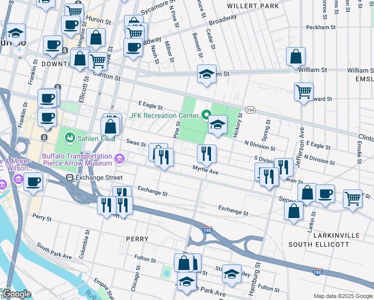 map of restaurants, bars, coffee shops, grocery stores, and more near in Buffalo