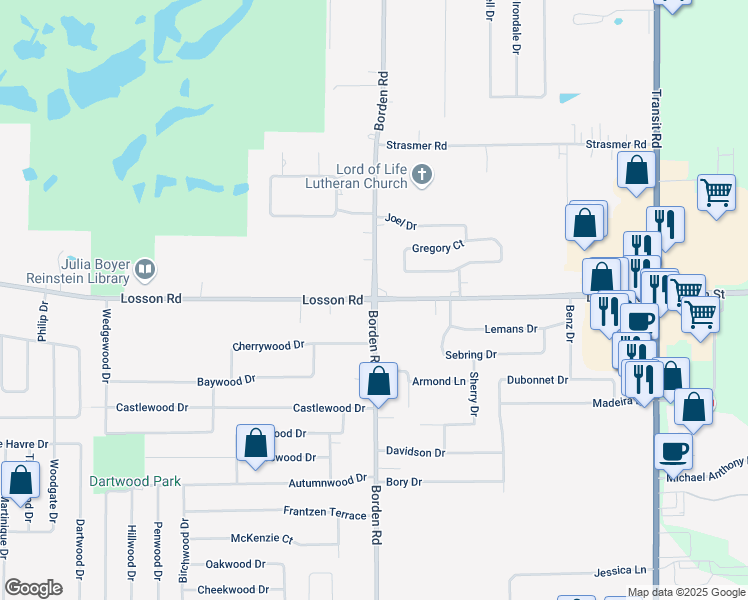 map of restaurants, bars, coffee shops, grocery stores, and more near Borden Rd & Losson Rd in Cheektowaga