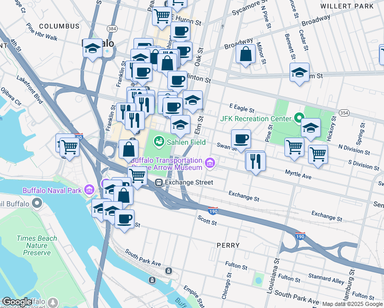 map of restaurants, bars, coffee shops, grocery stores, and more near 111 Swan Street in Lackawanna