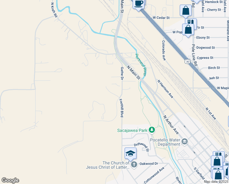 map of restaurants, bars, coffee shops, grocery stores, and more near 8309 North Gathe Road in Pocatello