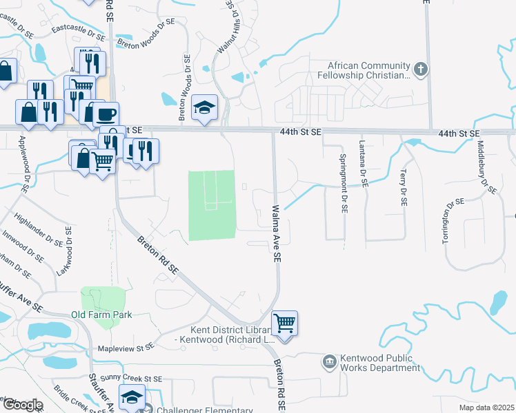 map of restaurants, bars, coffee shops, grocery stores, and more near 4600 Hunters Ridge Drive Southeast in Kentwood