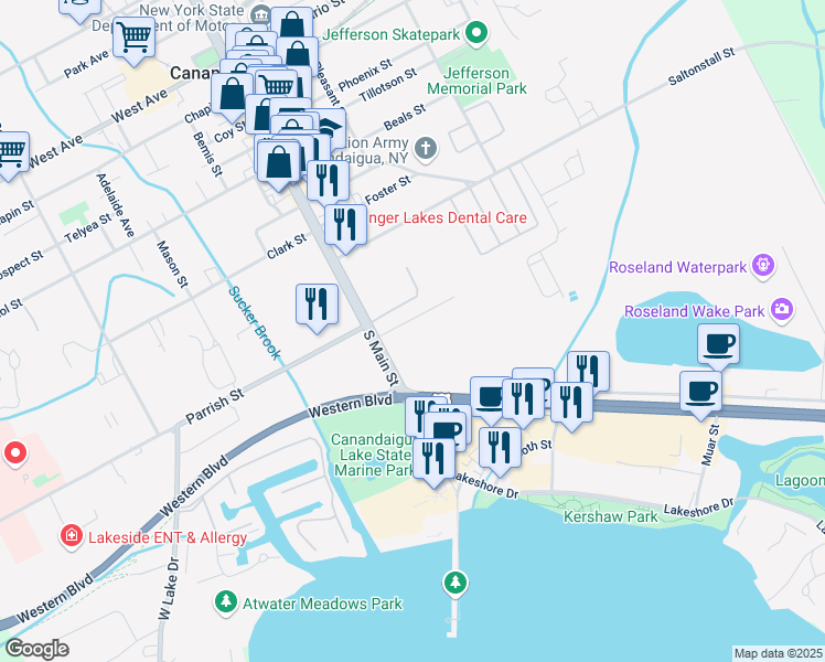 map of restaurants, bars, coffee shops, grocery stores, and more near 33 Green Street in Canandaigua