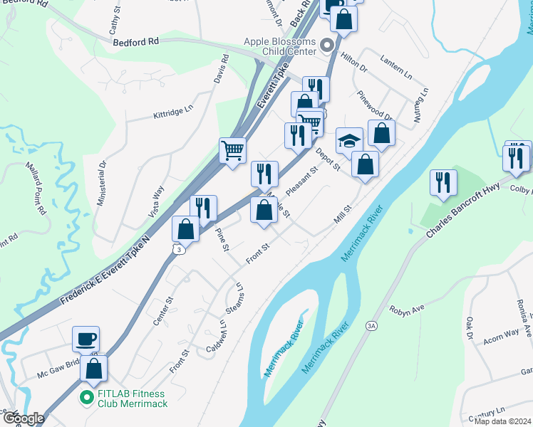 map of restaurants, bars, coffee shops, grocery stores, and more near 4 Elm Street in Merrimack