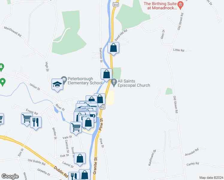 map of restaurants, bars, coffee shops, grocery stores, and more near 51 Concord Street in Peterborough