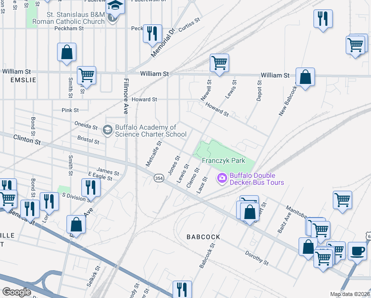 map of restaurants, bars, coffee shops, grocery stores, and more near 95 Jones Street in Buffalo