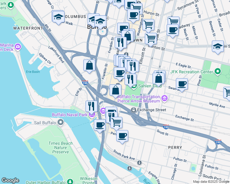 map of restaurants, bars, coffee shops, grocery stores, and more near in Buffalo