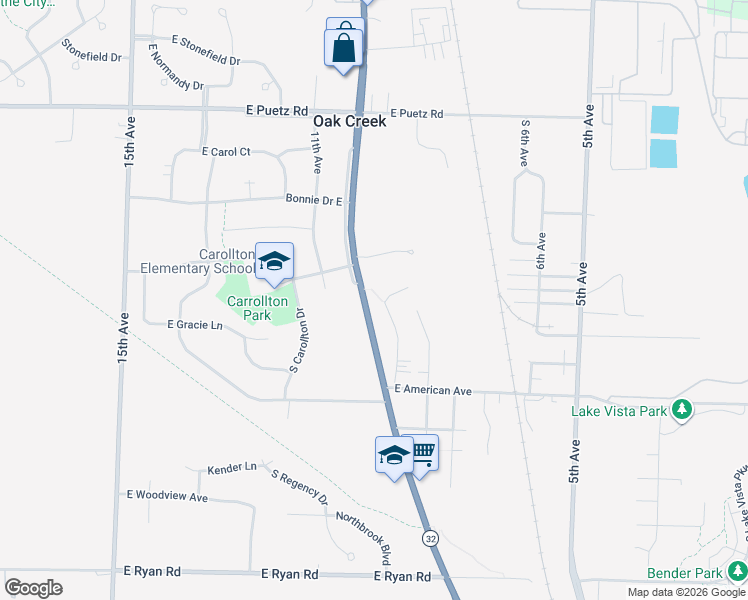 map of restaurants, bars, coffee shops, grocery stores, and more near 8990 South Chicago Road in Oak Creek