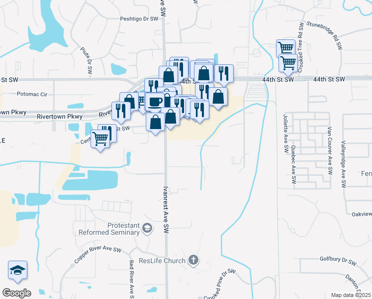 map of restaurants, bars, coffee shops, grocery stores, and more near 4702 Rivertown Commons Dr SW in Grandville